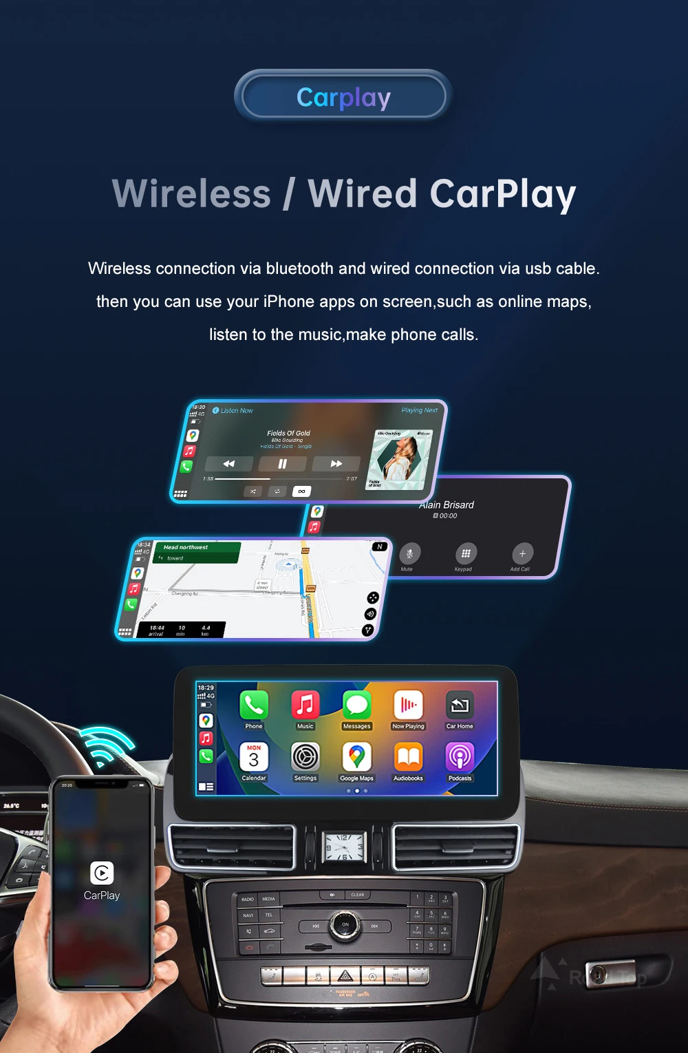 12.3'' Multimedia Display For BenzML W166 GL X166 GLE GLS 2012-2018 Touch Screen Wireless Carplay Navigation Android Auto
