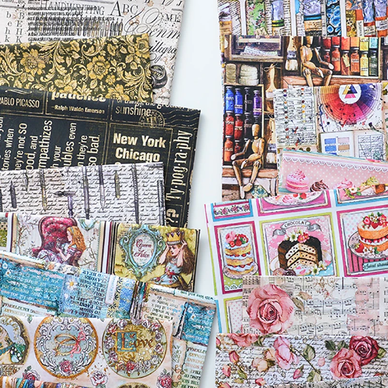 Cotton Fabric Vintage Alice Newspaper for DIY Handmade Digital Printing Rose Cakes by Half Meter