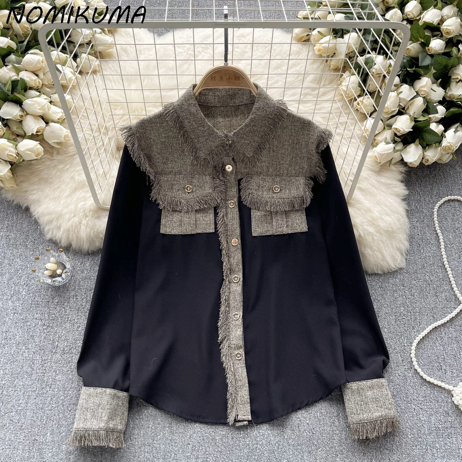 

Nomikuma Fake Two Pieces Patchwork Blouse Women Autumn New Korean Elegant Fashion Causal Chic Tassel Tops Camisas De Mujer