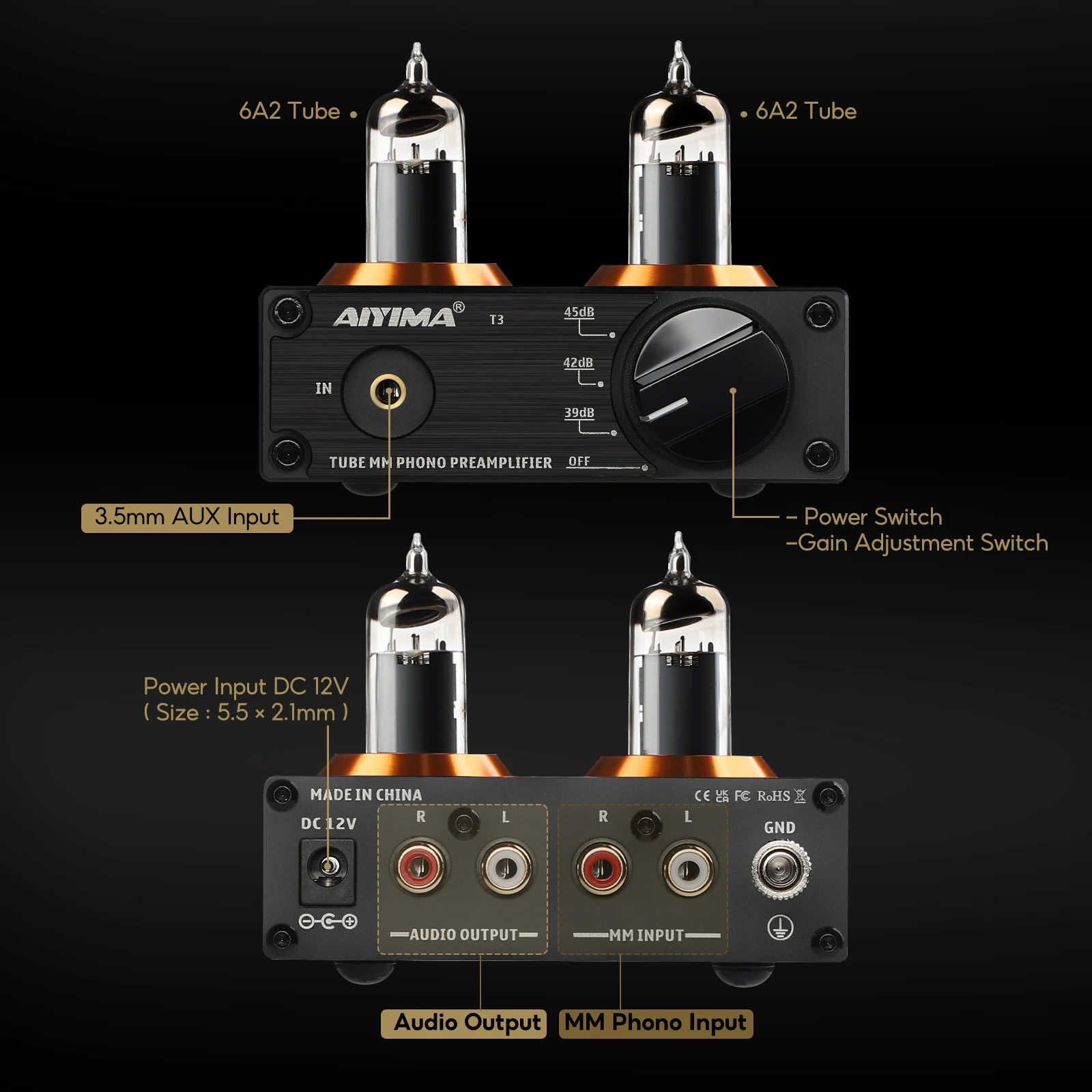 AIYIMA T3真空管プリアンプアンプ 6A2真空管 MMフォノ レコードプレーヤー ステレオプリアンプ ターンテーブルプリアンプ アンプ