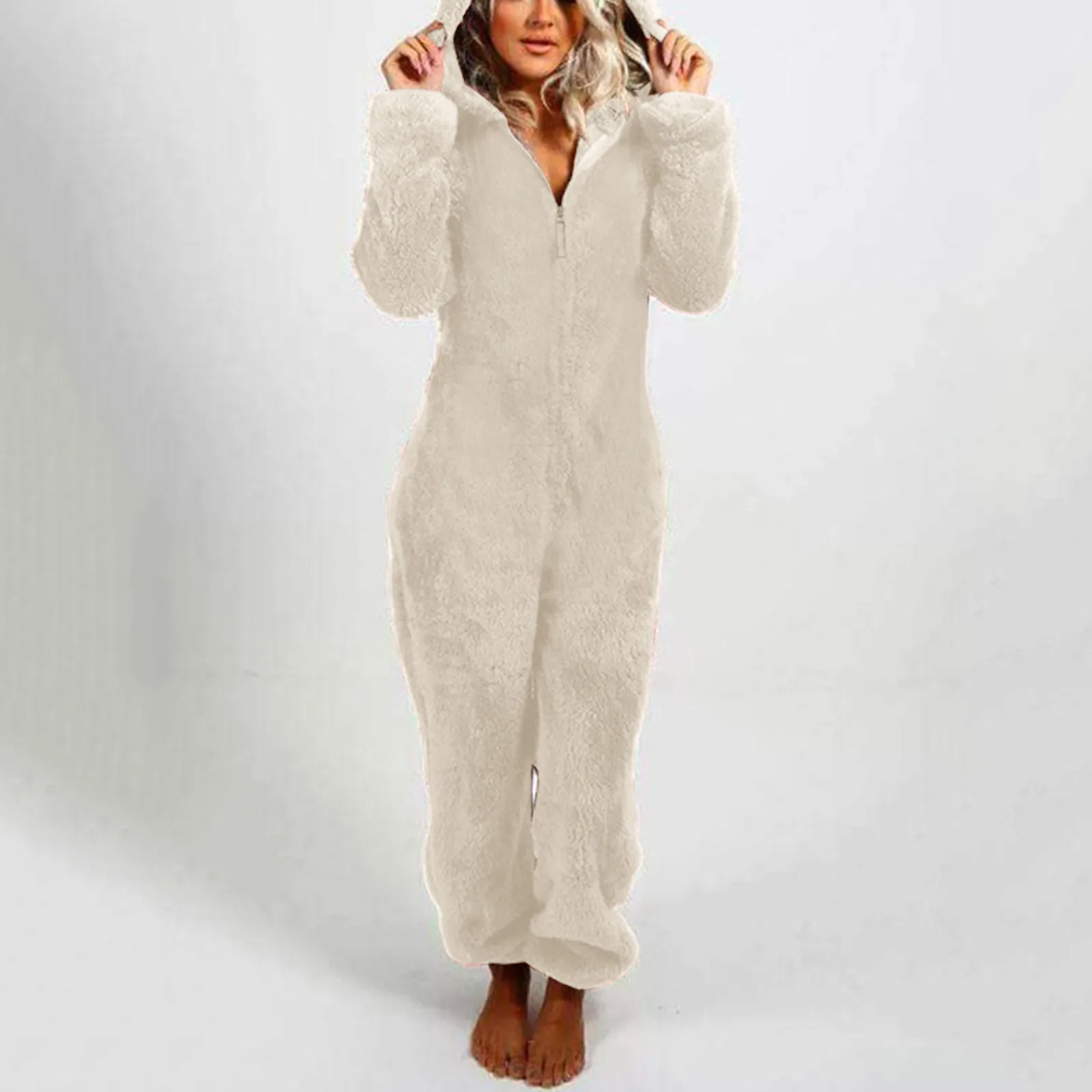 

Winter Warm Pajamas Women Onesies Hooded Fluffy Fleece Jumpsuits Sleepwear Nighties Zipper Long Sleeve Homewear Romper Pajamas