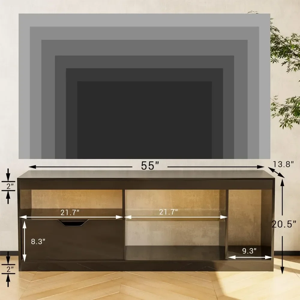 LED TV Stand for Televisions Up To 65+ Inch with Glass Shelves and Drawer, Multiple Dynamic RGB Modes TV Stand