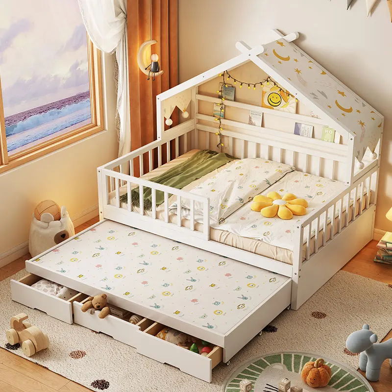 

-For Yellow Wooden Kids Beds Canopy Safety Guardrail Single Toddler Children Beds Modern Design Camas Infantiles Furniture Home&