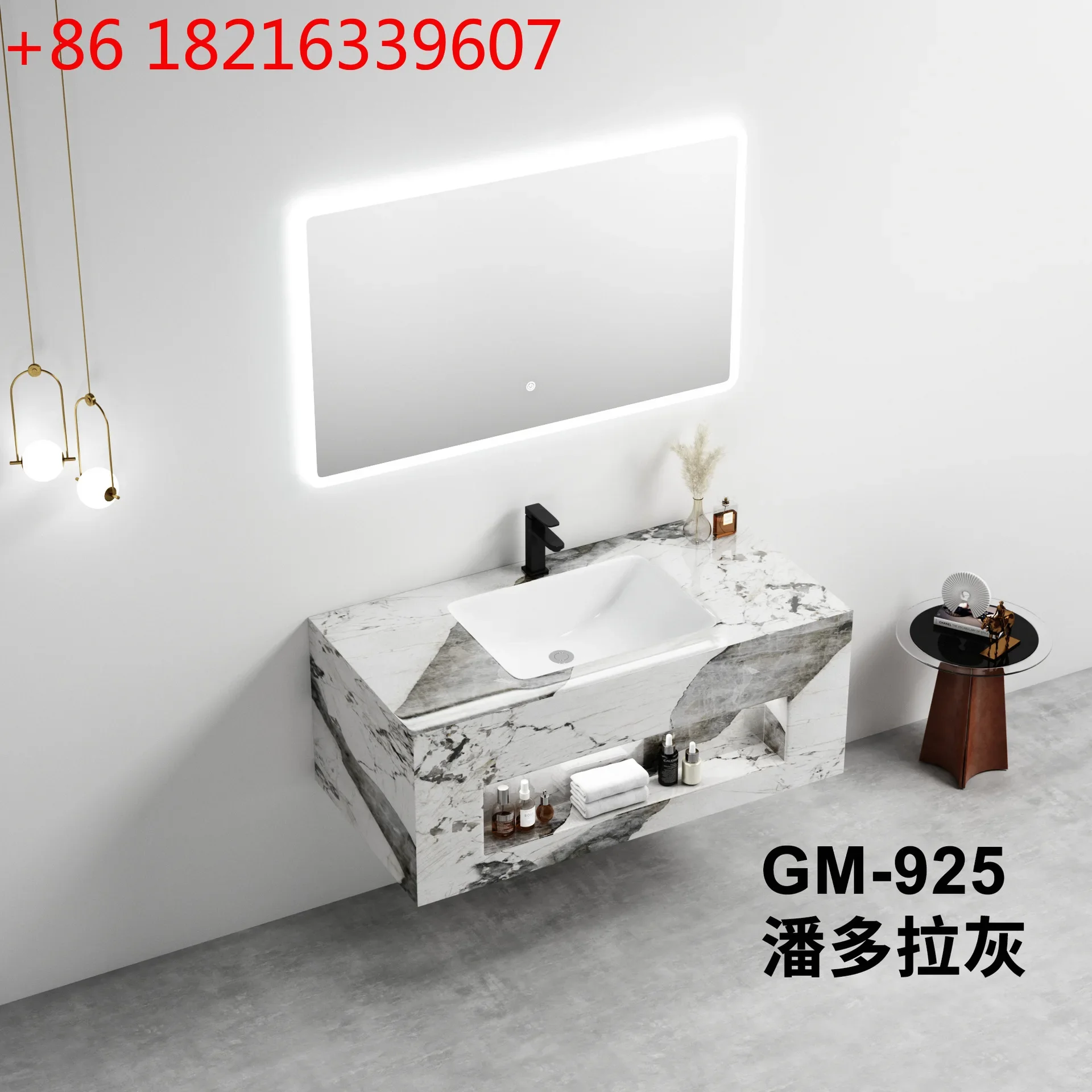 Lavabo de cerámica de losa de roca brillante, lavabo integrado sin juntas de losa de roca para montaje en pared