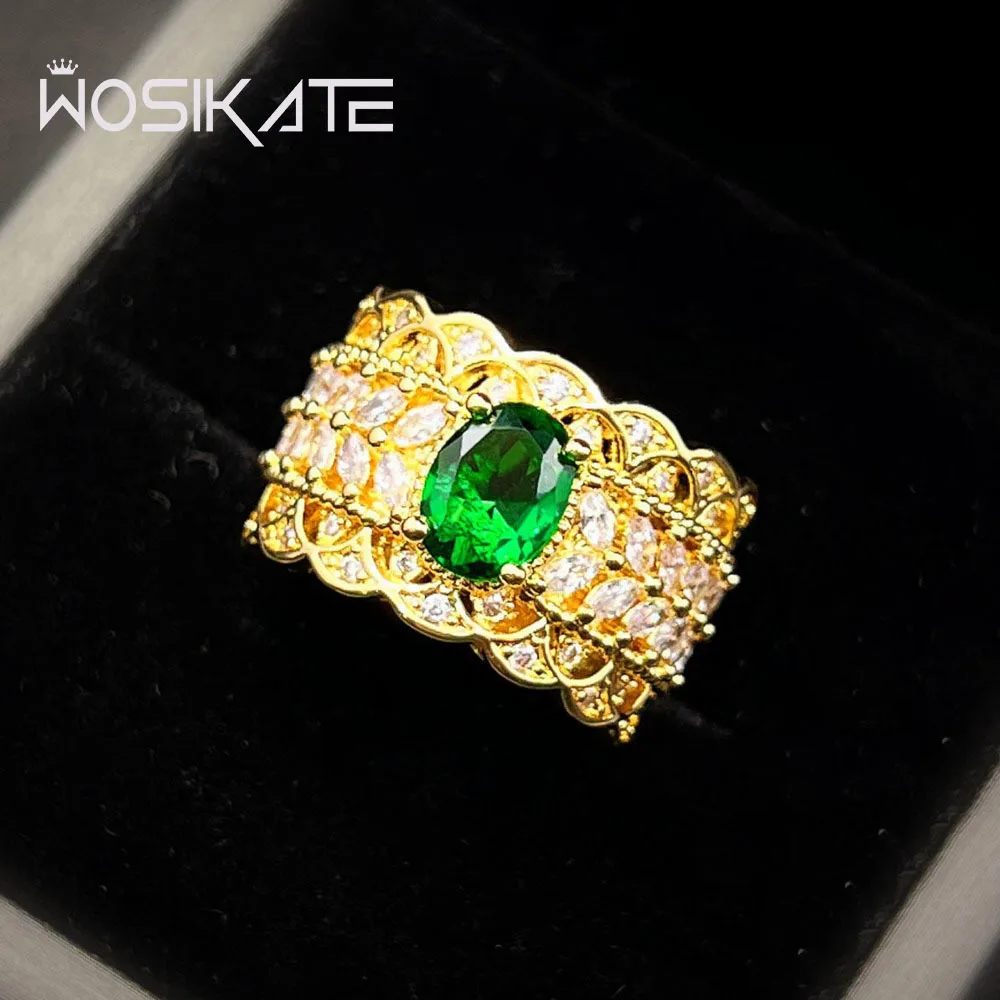 WOSIKATE Silve Jewelry Vintage Court Style Openwork Floral Double Gold Lace Trimmed Emerald Wedding Ring For Women Open Size