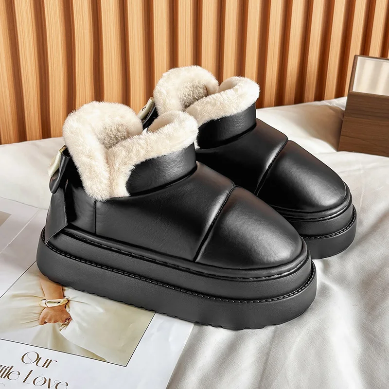 

Милые теплые ботильоны, зимние женские теплые ботильоны с бантом, плюшевые хлопковые туфли с бантом, новинка 2025, водонепроницаемые зимние ботинки на пуху с короткими бочонками