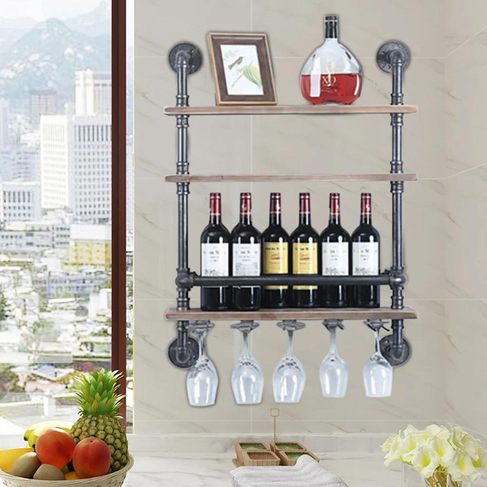 3-Tiers Wine Rack Wall Mounted with Stem Glass Holder Floating Bar Shelves Wine Shelf Steam Punk Pipe Shelving Wine Glass Rack