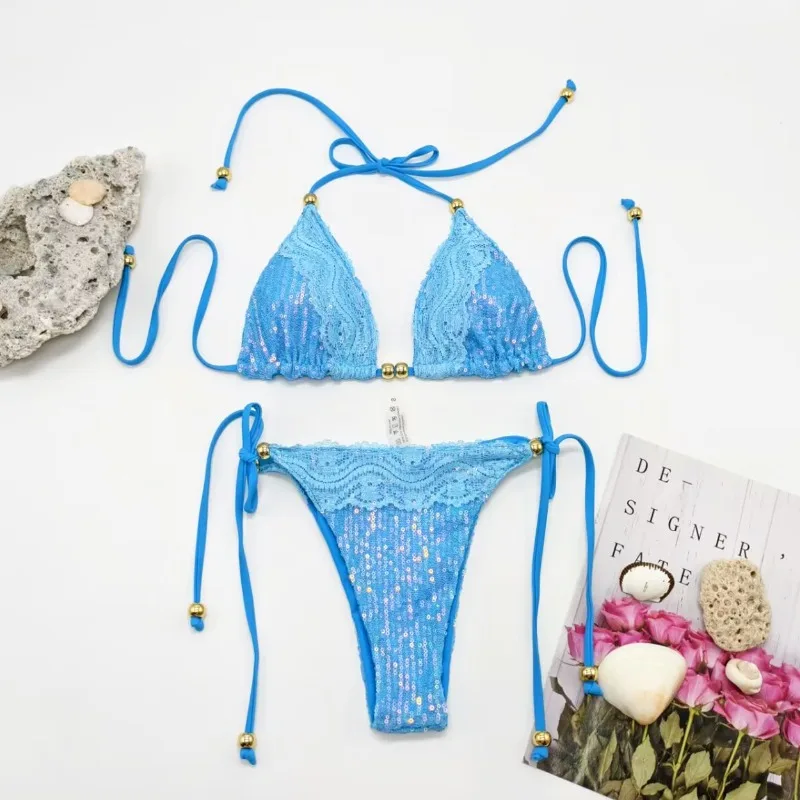 Shiny Halter Strappy Bikini Set Bandage Swimsuit Women Swimwear Biquini Two-pieces Bathing Suit Women Купальный Костюм-бикини