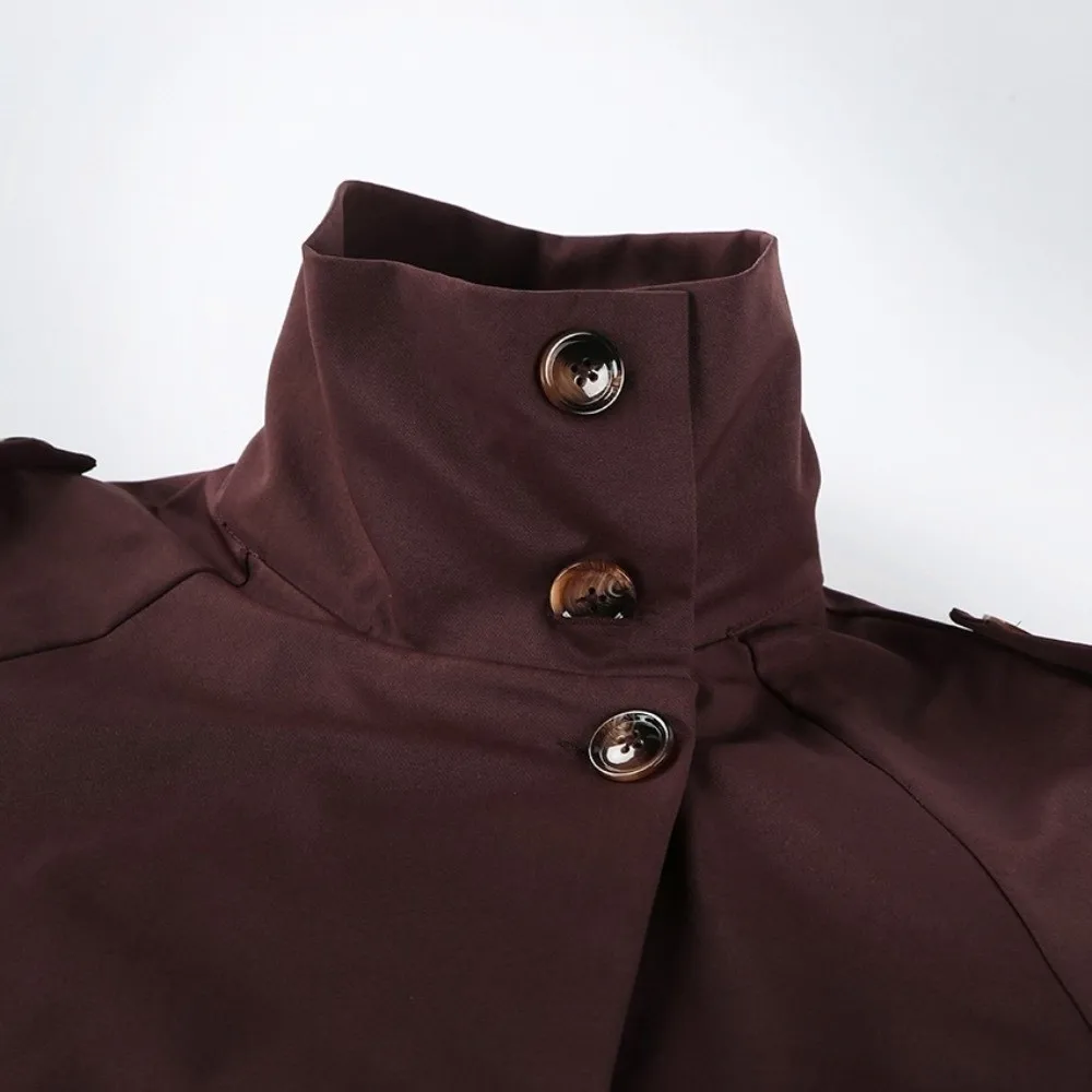 Brown Women Short Trench Coat Double Breasted Stand Collar Ladies Belted Windbreaker Loose Fit Belt Waist Women Casual Overcoat
