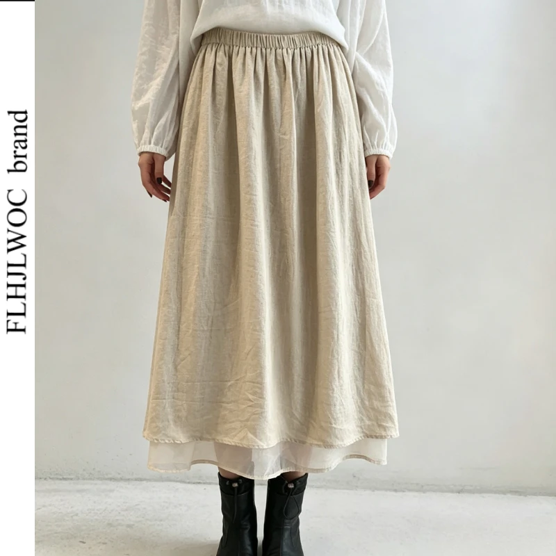Japanese Style Ethnic Style Lined Soft Cotton Linen Skirts Retro Vintage Cute Sweet Girls Casual Long Maxi Layer Skirt
