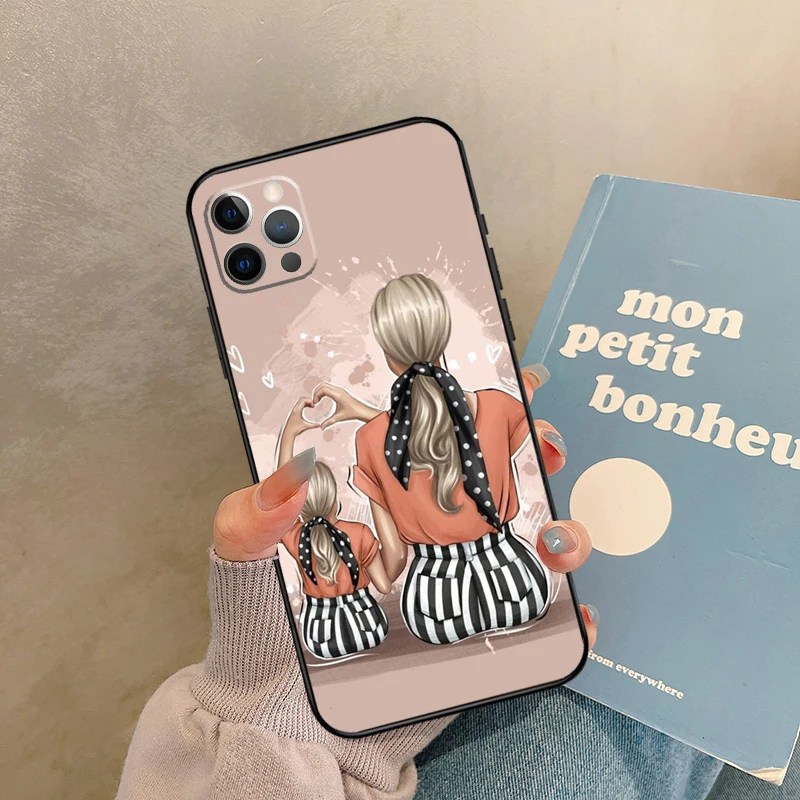 Schwarzbraune Haare Baby Mama Mädchen Sohn Hülle für iPhone 17 Air 15 14 13 12 11 16 Pro Max 13 Mini XR 15 16 Plus 16e Back Cover Shell