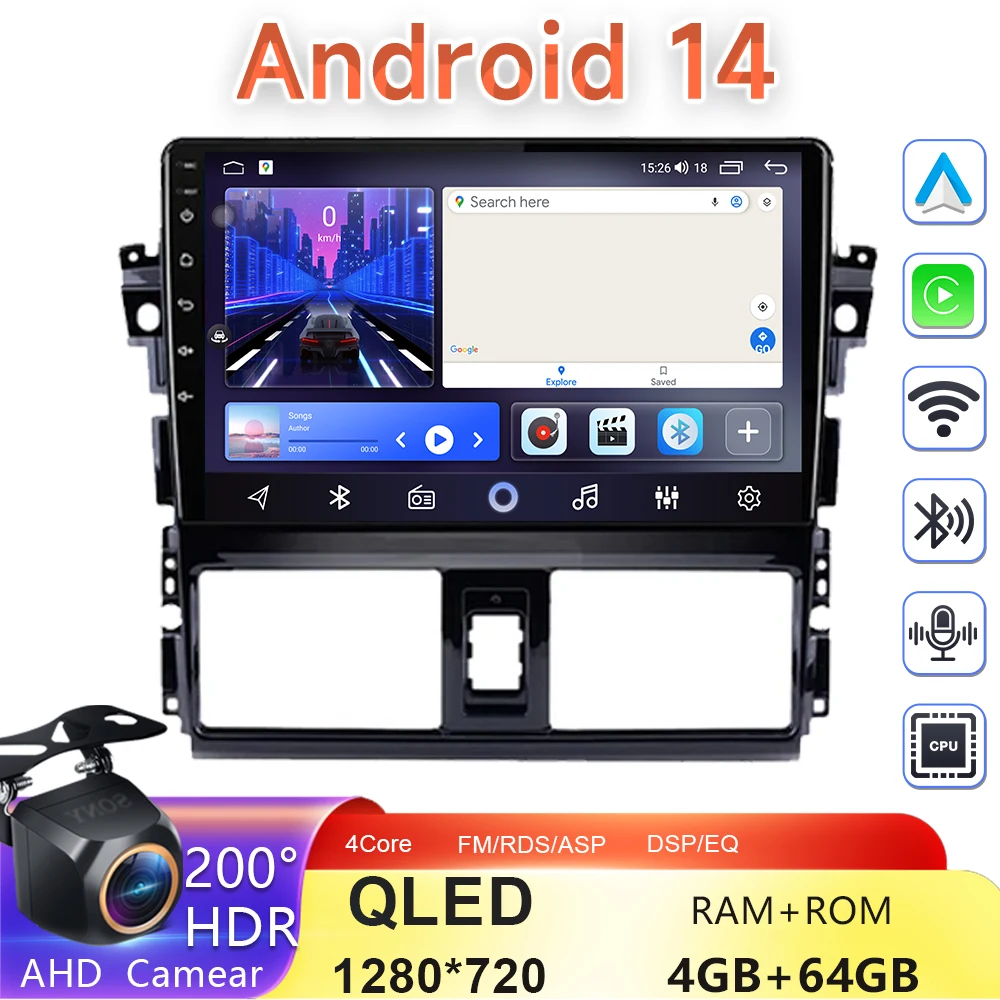 

Android 14 For Toyota Vios XP150 2013 - 2020 5G WIFI QLED Car DVD Carplay Radio Multimedia CPU DSP No 2Din GPS CPU Head screen