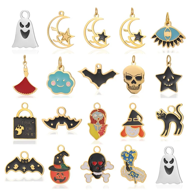 Gemischte Halloween-Emaille-Anhänger aus Edelstahl: Geist, Fledermaus, Hexe, Totenkopf, Mond, Stern für DIY-Halsketten, Armbänder und Schmuckherstellung