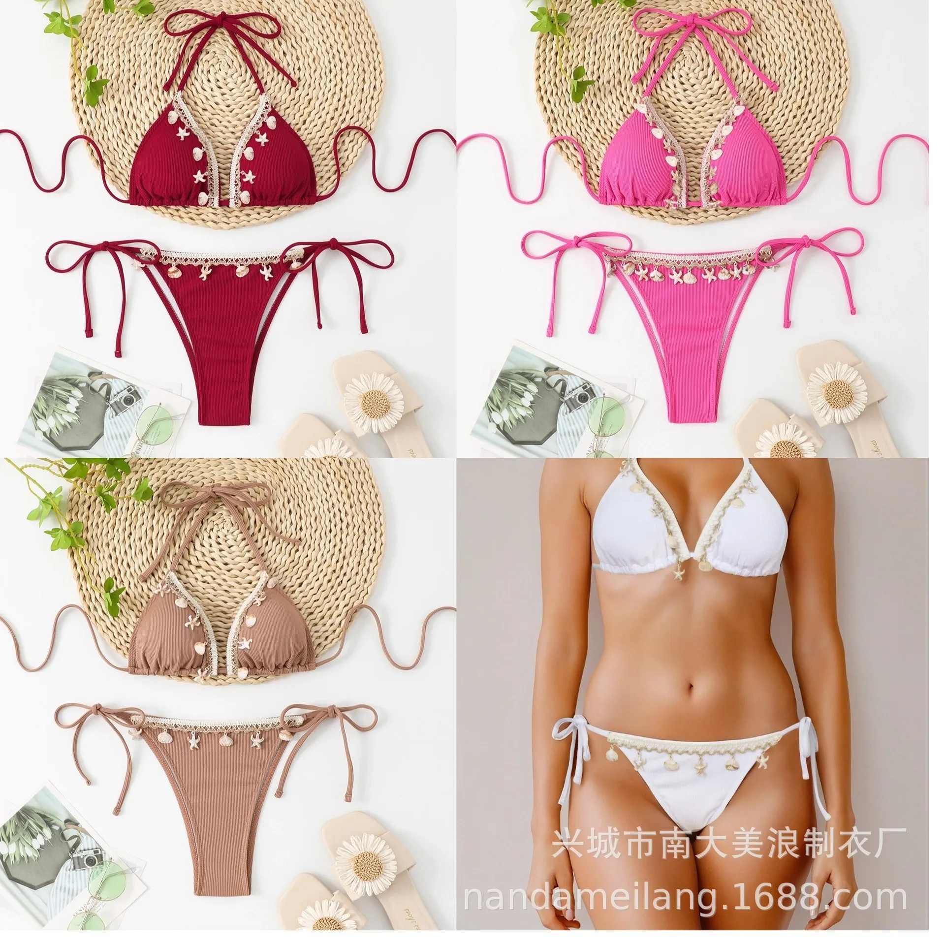 Swimwear 2026 Bikini Woman Triangle Top Thong Bottom Beach Bikinis Tie Side Swimsuit Halter Neck Two Piece Swimsuit Solid Beige