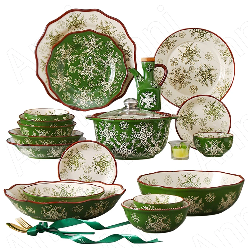 Creativity Bohemia Carved Ceramic Plate Nordic Pastoral Green Painted Relief Craft Dinner Plates Set Noodle Fruit Salad Bowl