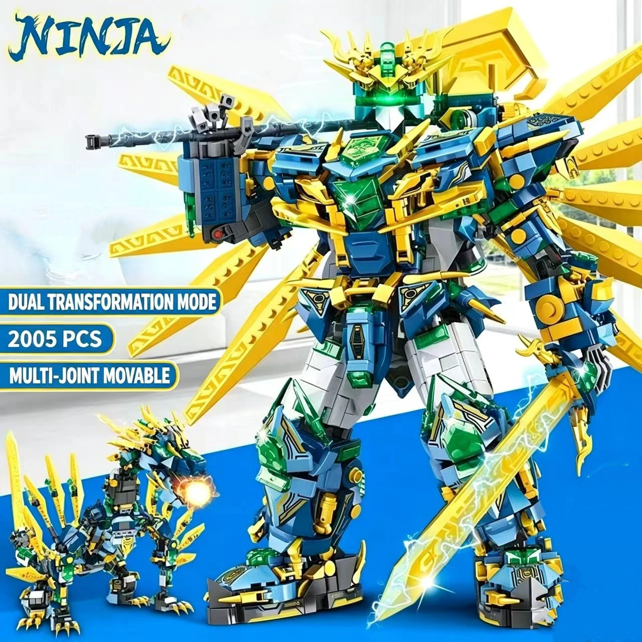 Ninja Mecha Building Blocks 2005Pcs, 2‑in‑1 Dual Form Robot & Dragon Bricks Toy, Multi‑Joint Movable Collectible Display Set