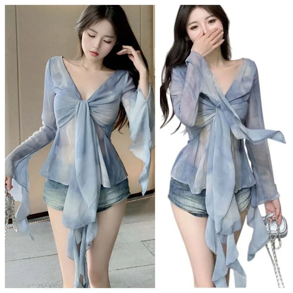 

Streetwear Jellyfish Mesh Belt T-Shirt Korean Y2K Ins Pleated Collar Slim Fit Crop Tops Elf Long Sleeve Transparent