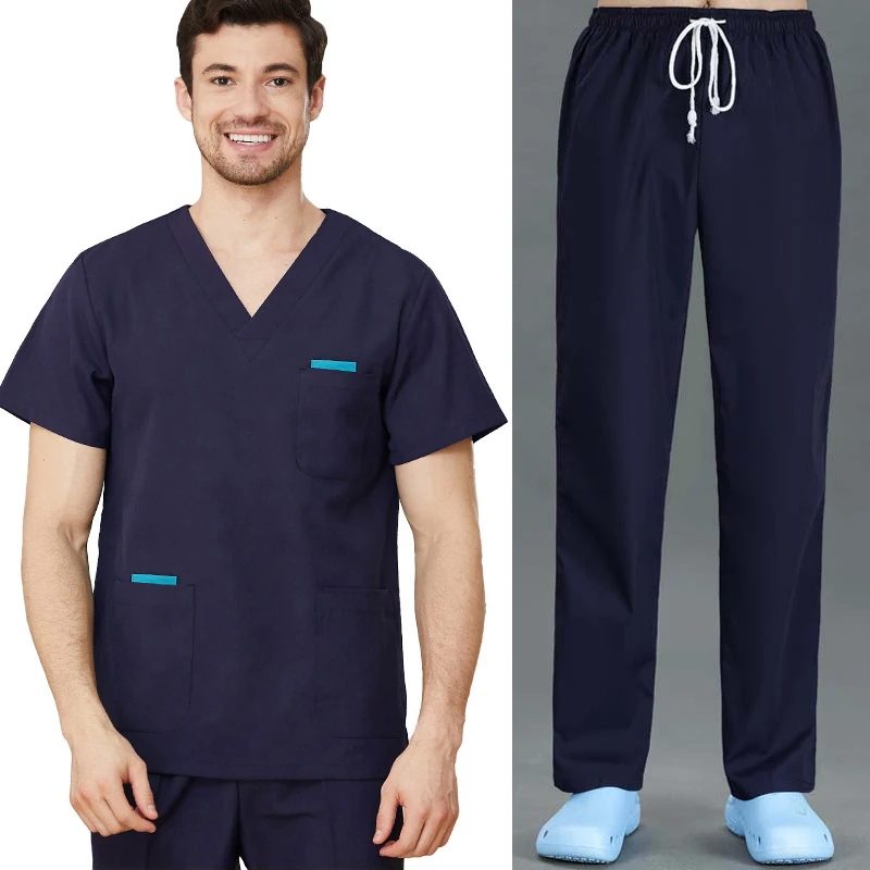 Men Scrub Set Cotton Nursing Scrubs Short Sleeve Medical Uniforms V Neck Scrub Shirt Veterinary Workwear Scrub Trousers Hospital