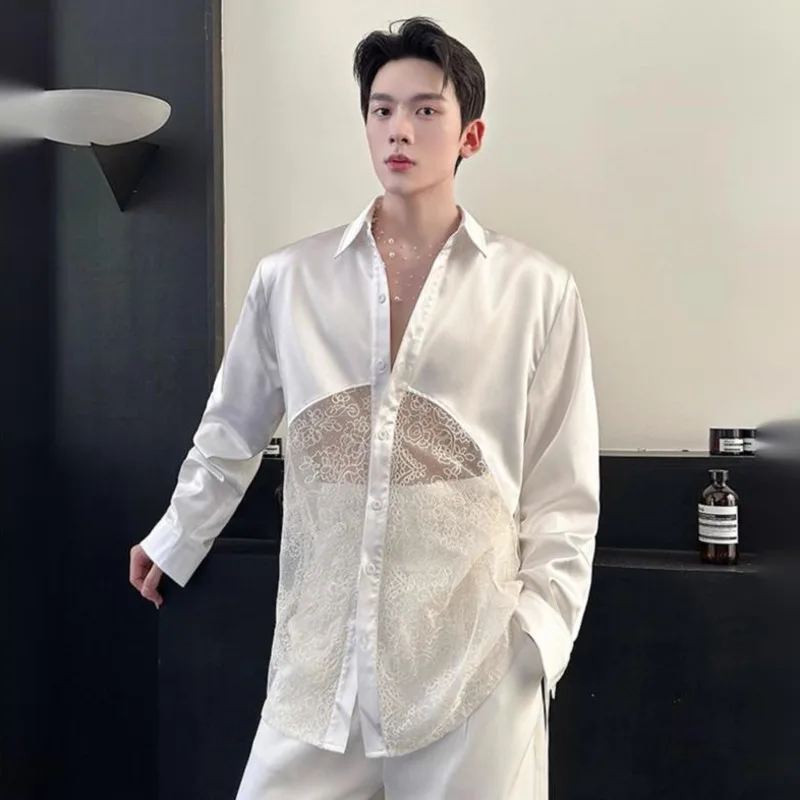 WVGA весна осень новый мужской кружевной лоскутный модный дизайн рубашка с длинным рукавом нишевый шикарный повседневный топ с отложным воротником Ins W14358