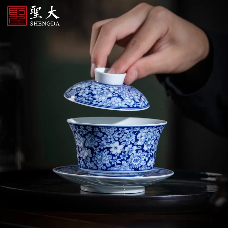 |three to tureen teacups hand-painted ceramic blue and blue to purple flower tureen all hand jingdezhen kung fu tea set