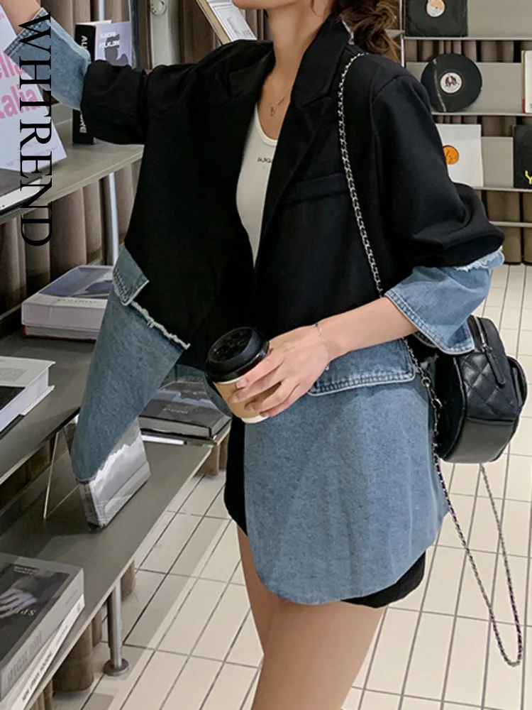 

WHTREND Fashion Denim One Button Blazer For Women Notched Collar Patchwork Fashion Jacket Coats Office Lady New WH1420