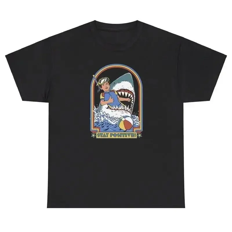 Stay Positive Shark T Shirt Funny Sarcastic Shark Attack Cartoon Vintage Tee