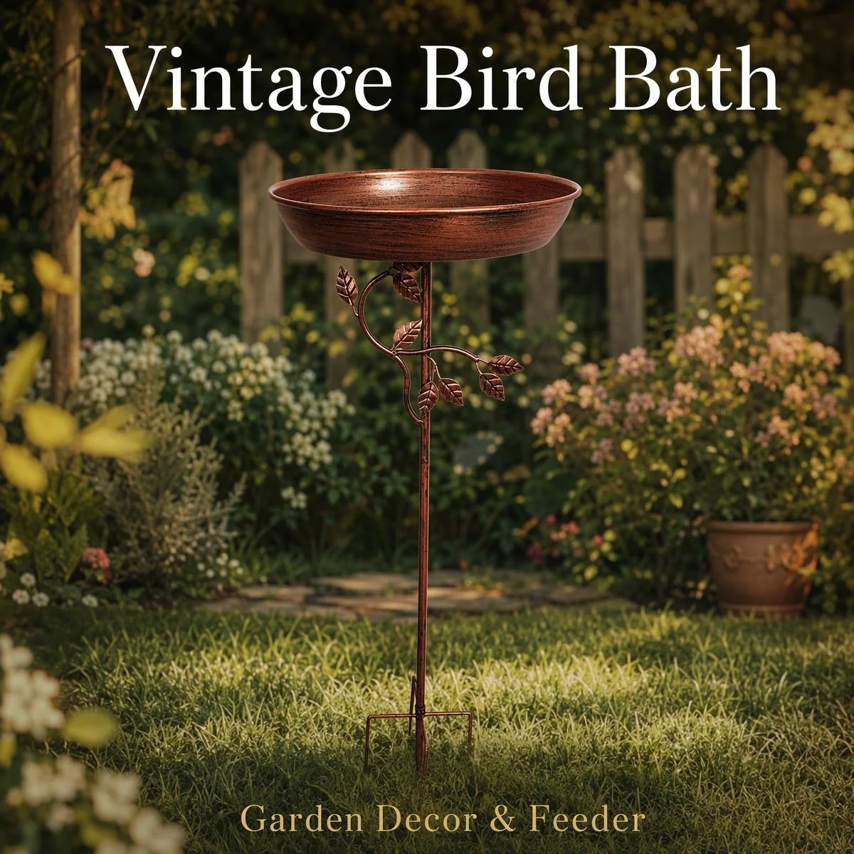 Antique Bronze Iron Bird Feeder, 5-Prong Stable Ground Stake with Bird Flower Branch Decor for Outdoor Garden Wild Bird Watch
