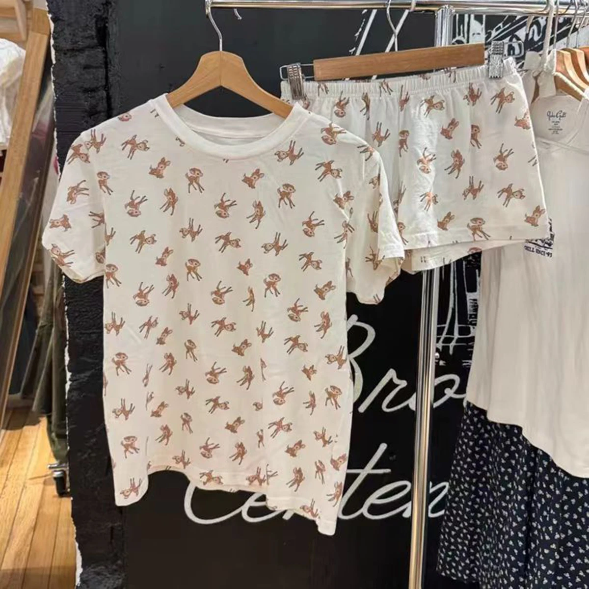 Deer Printed T-shirt Shorts 2 Piece Set Women Summer Short Sleeve Camisole Tops Tees Short Pant Sets Girls Sweet Y2K Pajama 2025