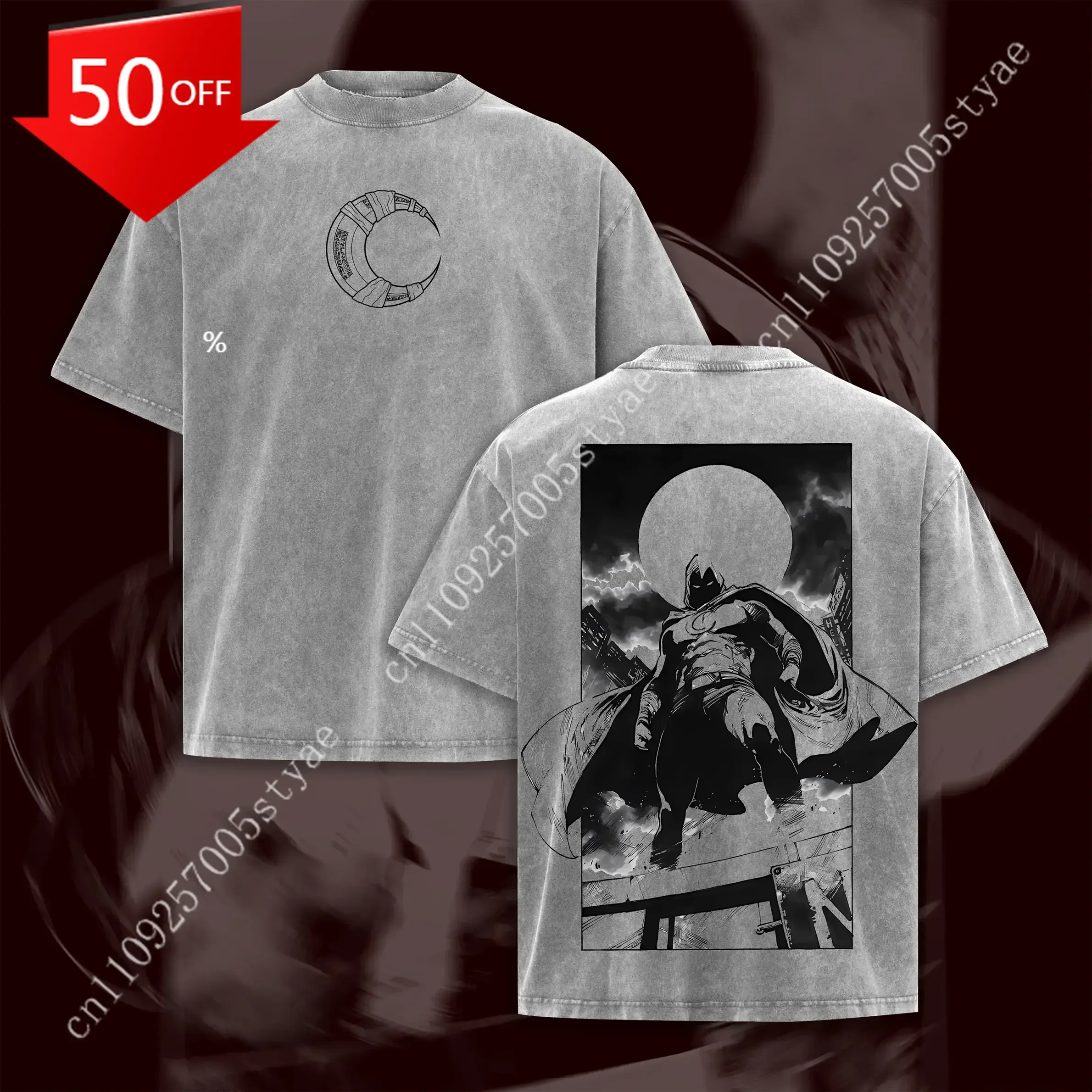 Marvel Retro Short-Sleeve T-Shirt Moon Knight Marc Spector Shadow of the Moon  Oversize Lightweight Acid Washed Tee Graphic