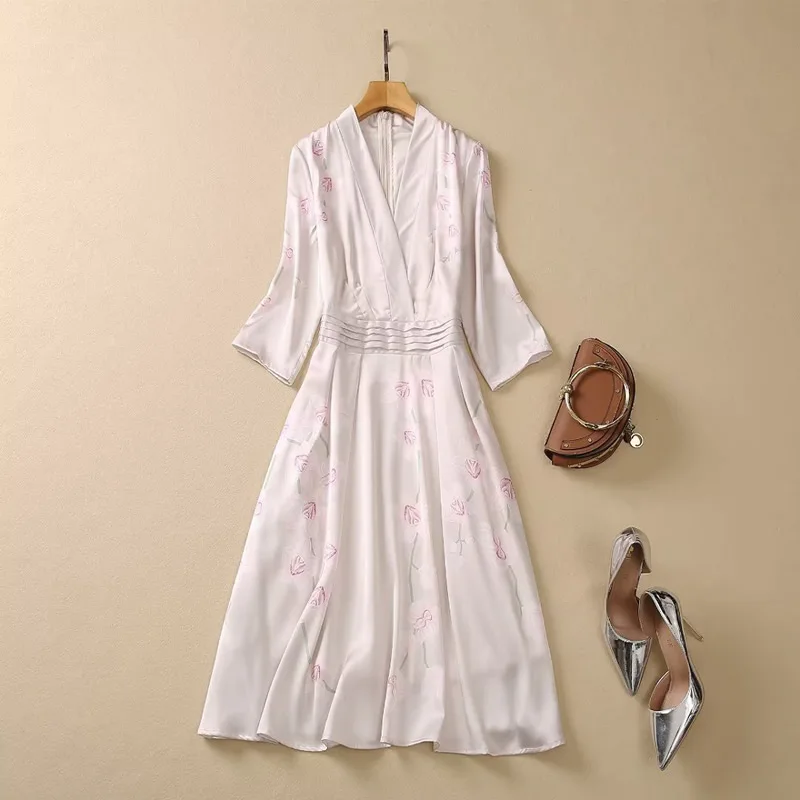 Women Pink V-Neck Dress A-Line Half Sleeve Office Lady's Dress