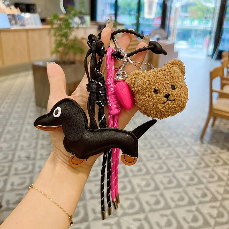 Vintage Braided Rope Keychain Pendant Maillard Color Cute Sausage Dog Bag Accessory High-Grade Creative New Design image 4