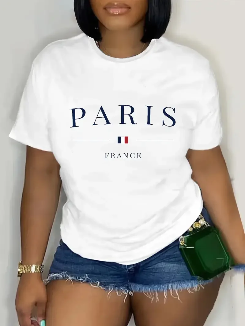 

Plus - Size White Round Neck T - Shirt with Paris, France - themed Print: Elegant and Travel - inspired