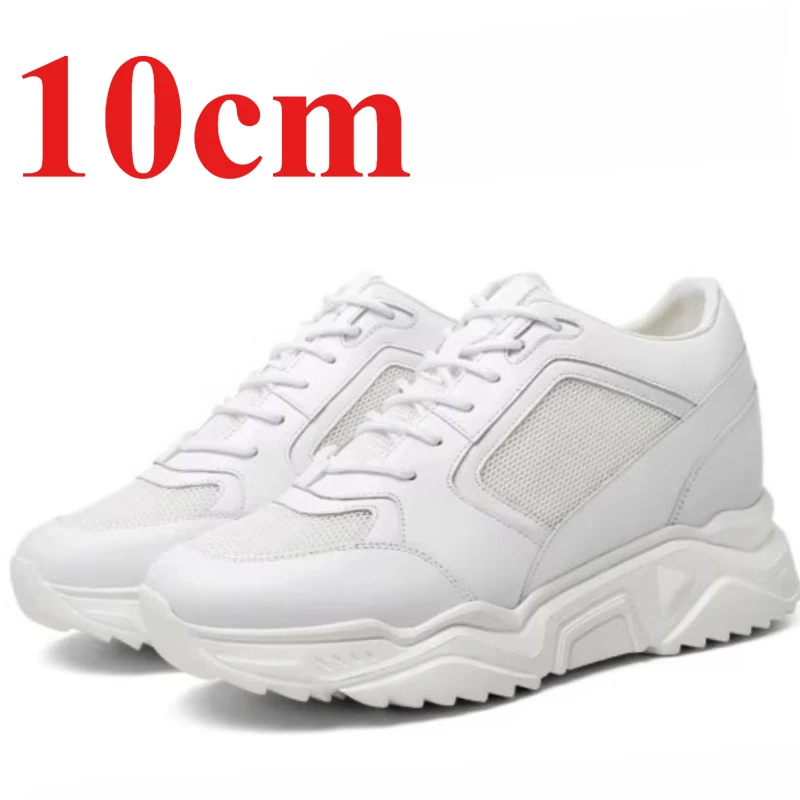 Invisible Elevated Shoes for Men's 10cm Leather Breathable Mesh White Height Increasing Shoes Thick Platform Sports Casual Shoes