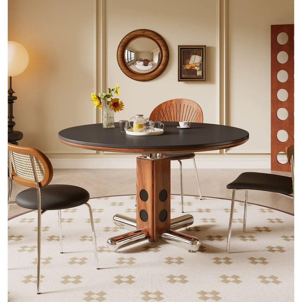 Bauhaus round table household living room stainless steel ash wood medieval polka round rock slab dining table