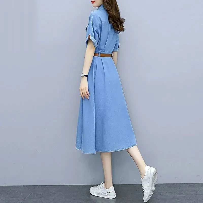 Vintage Denim Shirt Dress Female 2024 Summer New Korean Fashion Slim Short Sleeve A-line Dress With Belt Casual Women\'s Clothing