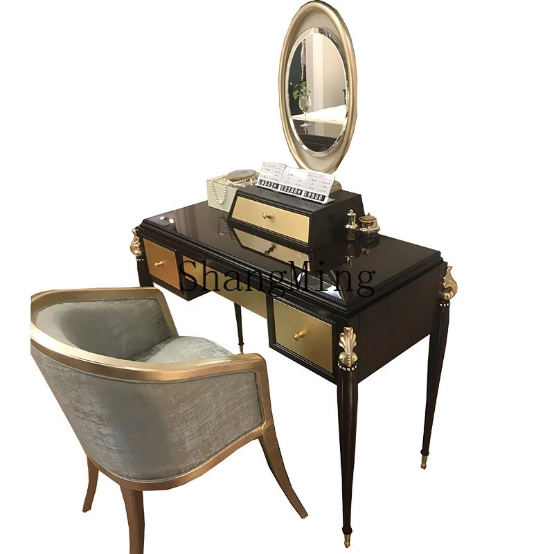 

ZYH light luxury bedroom dressing table with makeup mirror dressing table engraved brown dressing table