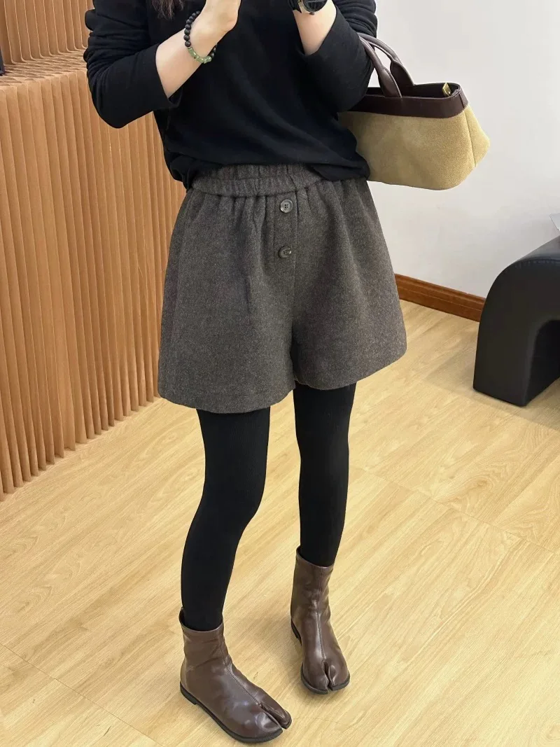 하이웨이스트 와이드 레그 울 팬츠 두 개의 버튼 한국 스타일 캐주얼 루즈핏 가을 겨울 신상 여성 바지