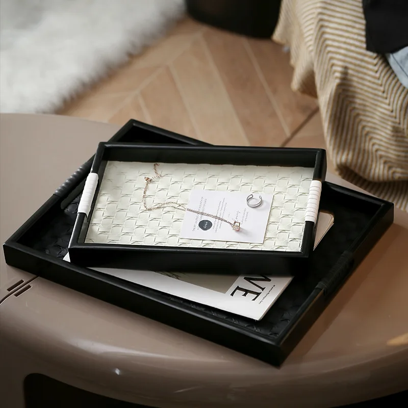 

Modern Luxury Woven Leather and Wooden Rectangle Tray - Jewelry, Vanity, Decorative, Catchall, Serving Tray for All Occasions