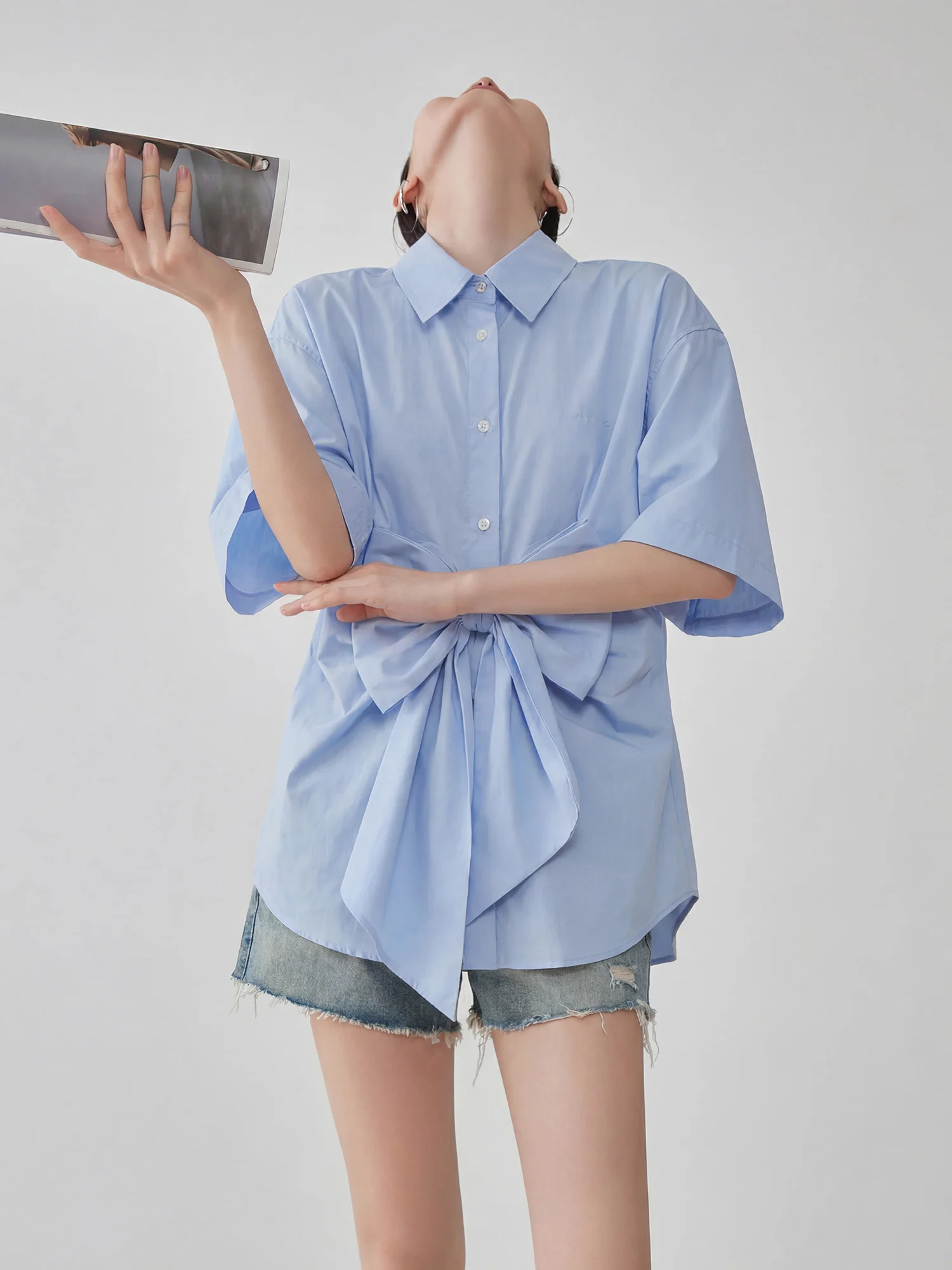 

Casual Style Blue Shirt with Bow Tie Collar Short Sleeve Loose Fit Shoulder Drop Design Summer Top for Women Commute Wear