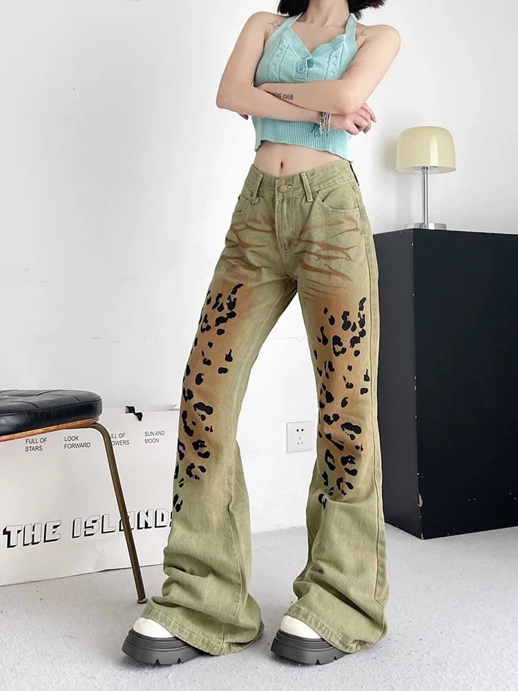 Fashion Slim High Waist Woman Jeans Casual Worn Leopard Pattern Straight Pants Female Chic Y2k American High Street Women Jeans