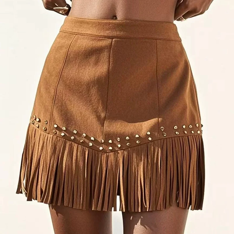 

Autumn Spring Women Suede Skirt Rivet Decoration Slimming Tassel Mini Skirt Versatile for Party Music Festival Clothing