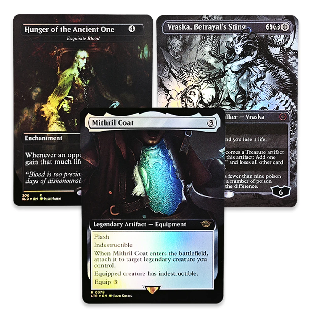 Tarjetas Coleccionables de Juego TCG Raras y Mágicas con Acabado Metálico: Mithril Coat/Hunger of the Ancient One/Vraska Betrayal's Sting - Regalos para Niños