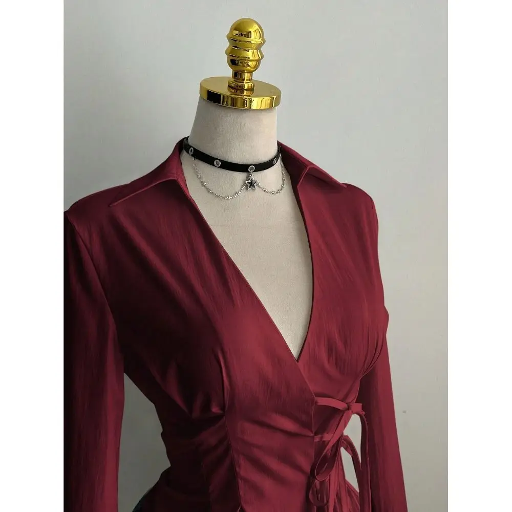 

Trendy Slim Fit Women Long Sleeve Shirt Cinched Waist Elegant Tie-waist Shirt Chic Unique V-Neck Tops Y2K Fashion