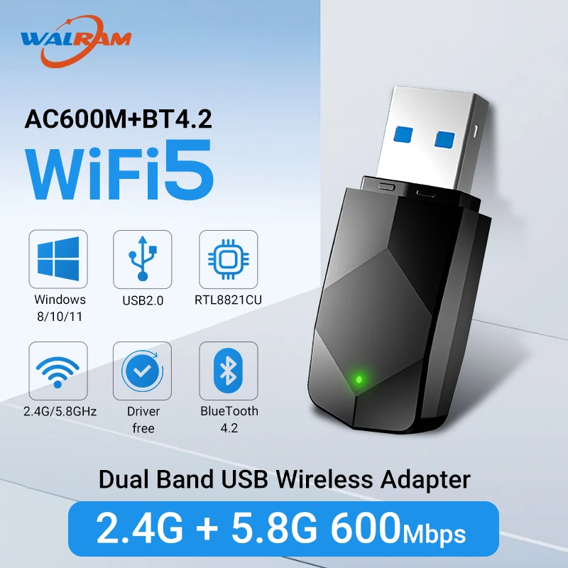 Wawram 600mbps wifi5 2in1 dongle banda dupla placa de rede sem fio 2.4g 5.8ghz usb wifi bluetooth 4.2 adaptador driver livre