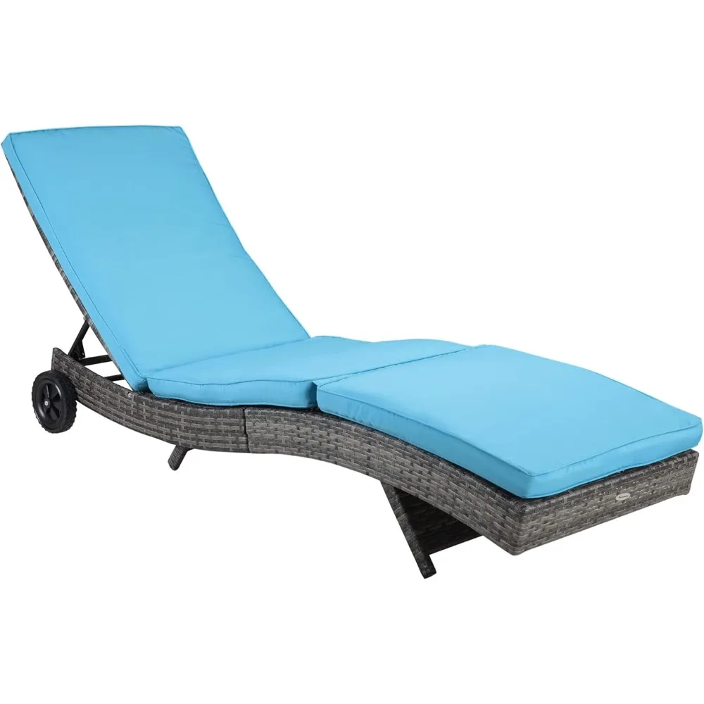 Wicker Chaise Lounge Pool Chair, Outdoor PE Rattan Cushioned Patio Sun Lounger w/ 5-Level Adjustable Backrest