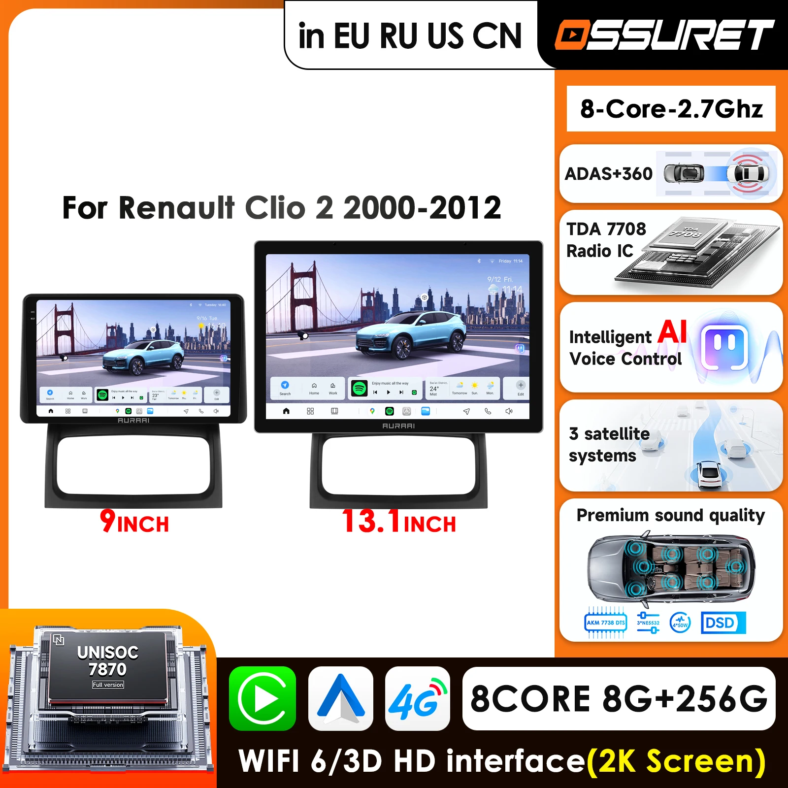 

13.1 inch 2K Screen Android Car Radio For Renault Clio 2 BB II 2000 - 2012 Car Multimedia Player GPS Auto RDS 360° ADAS Camera