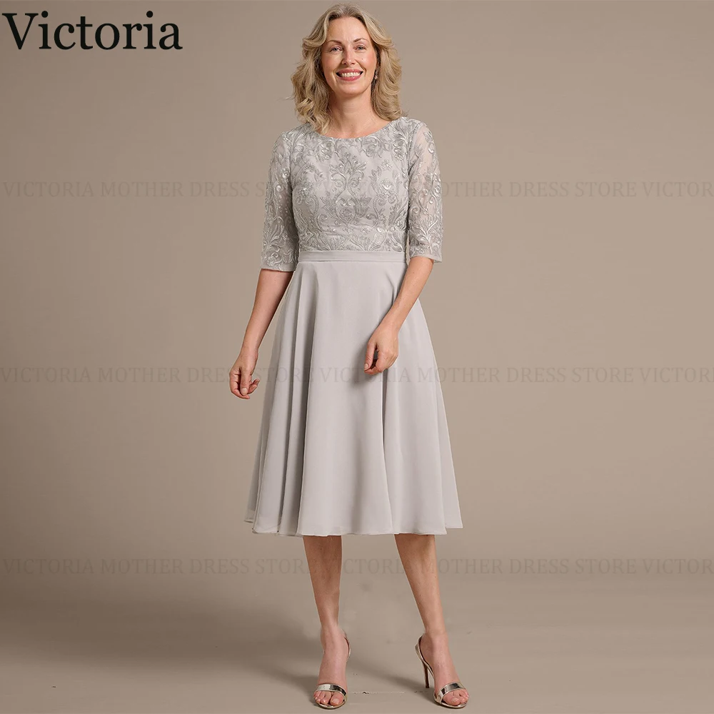 

VICTORIA Elegant Chiffon Lace Mother of the Bride/Groom Dress A-Line Scoop Knee-Length Short Applique Wedding Guest Party Dress