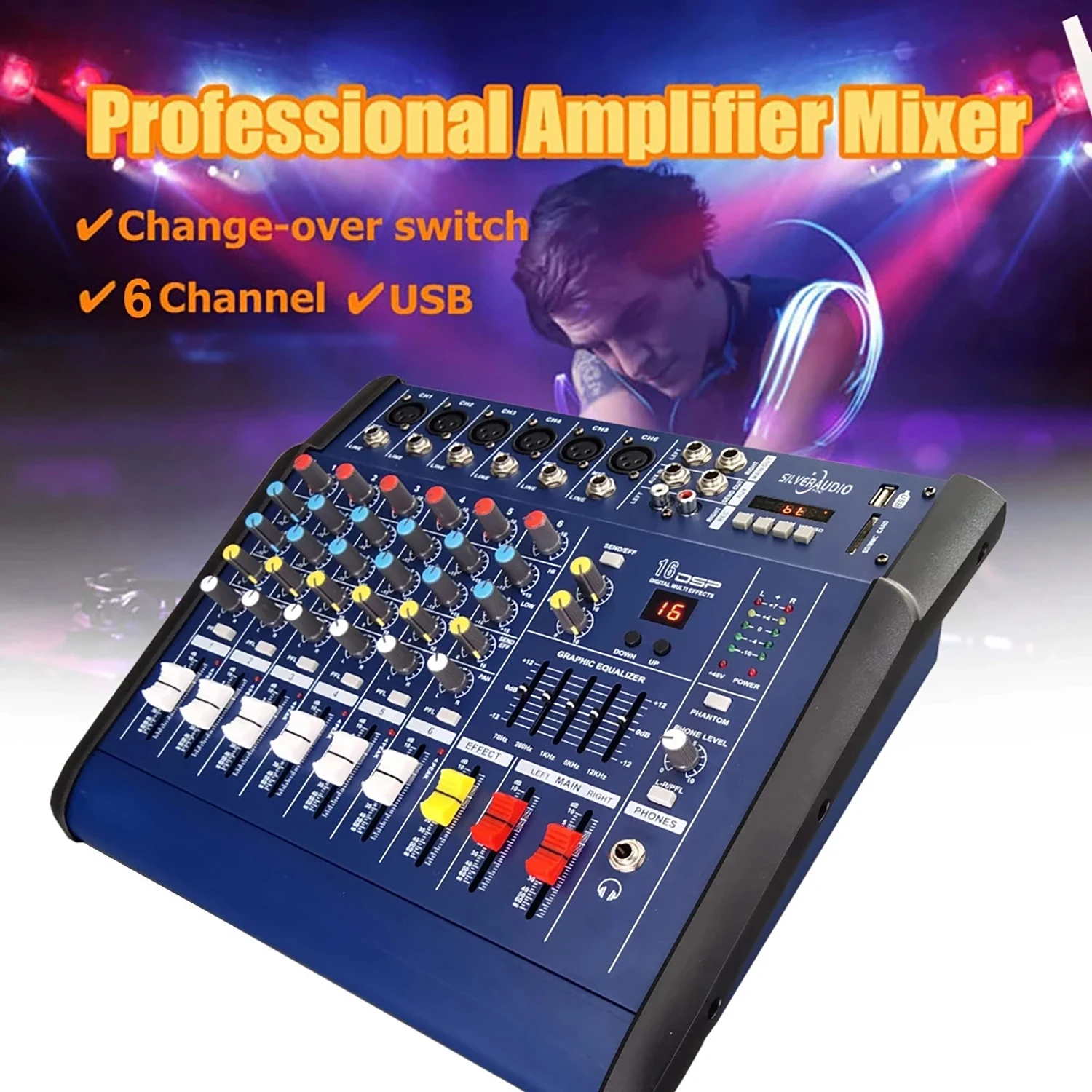 

GAX-602D 6 Channel 48V Phantom Power Amplifier DJ Karaoke Audio Mixer Support USB Memory Card for Performance Family