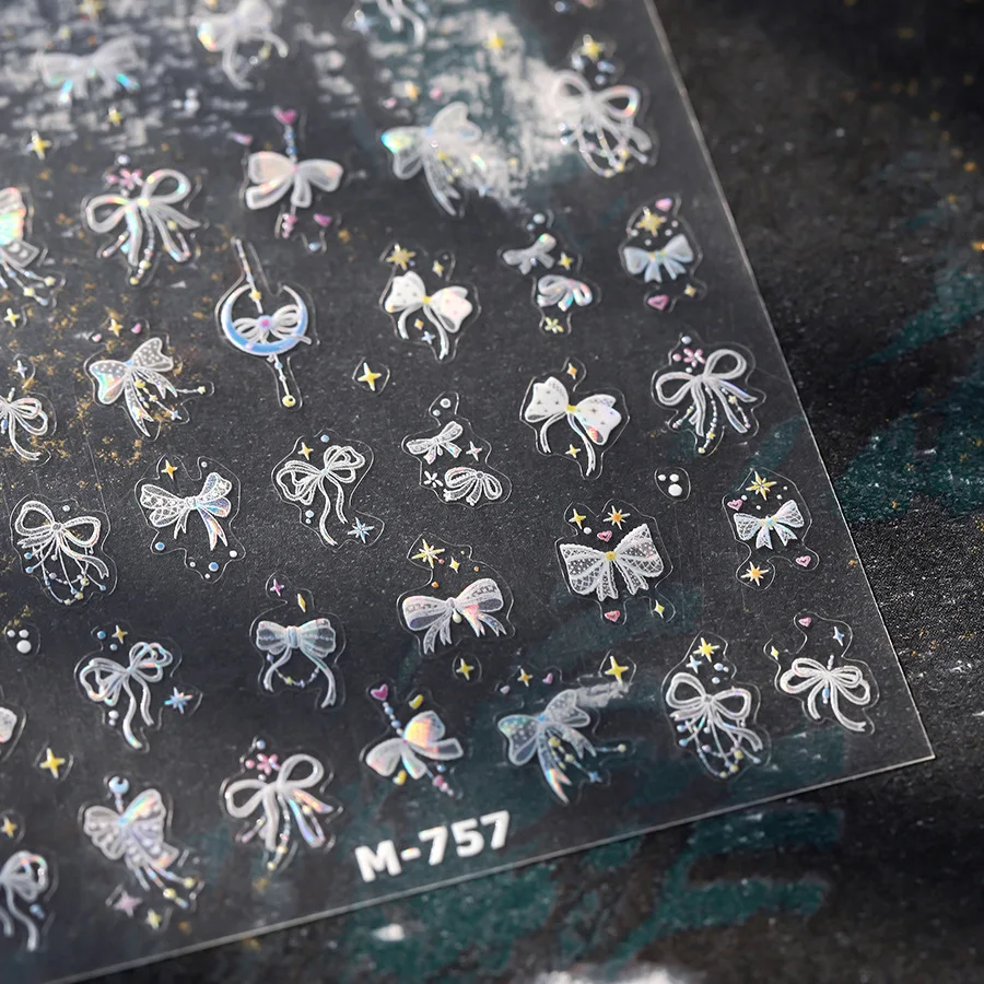 Weiße Spitze Schleife Krawatte Knoten Mini Band Schleife 5D Nail Art Aufkleber Mond Stern Liebe Herz Niedlich DIY Nagel Selbstklebender Maniküre Aufkleber