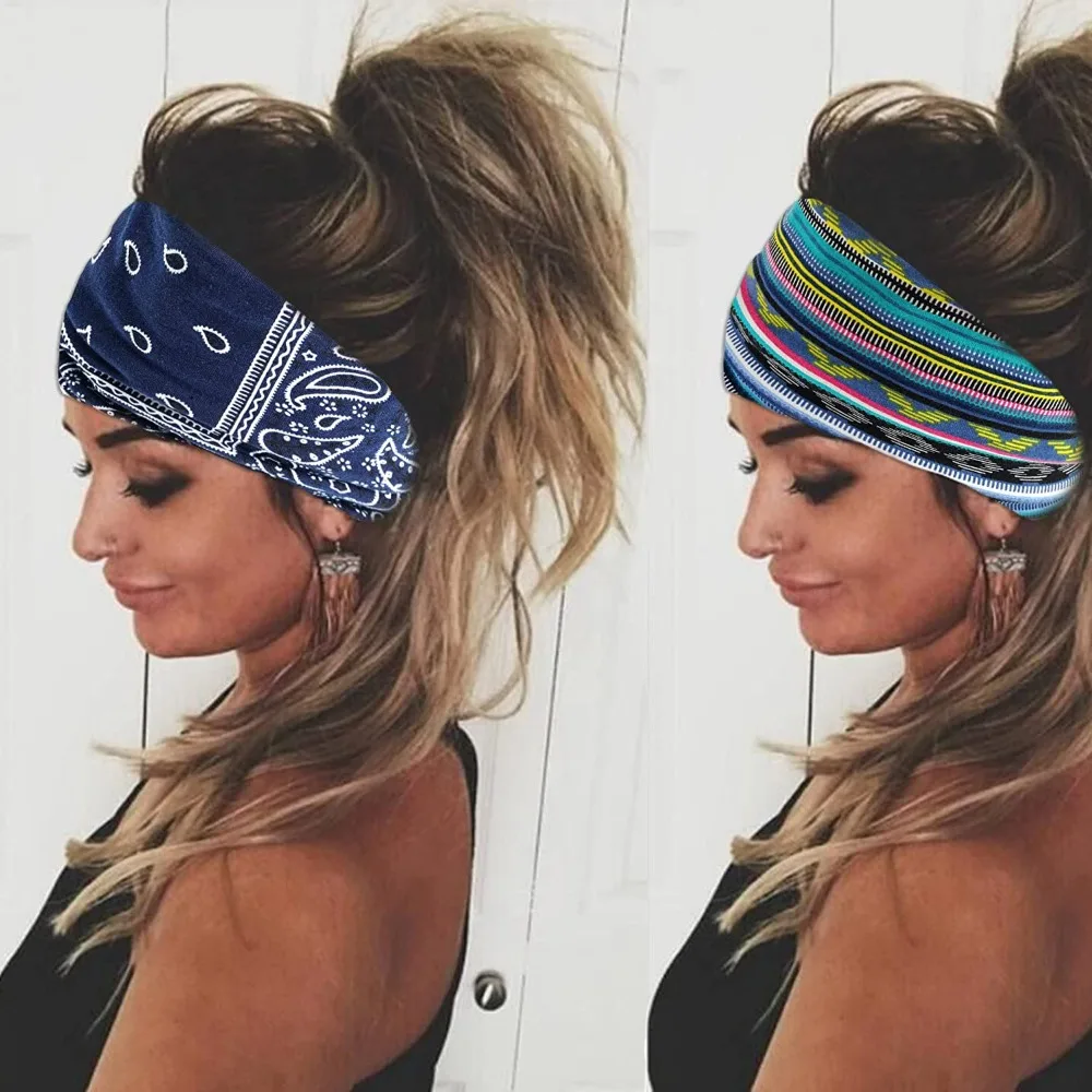 Elastic Turban Headwear Bohemian Headband Cotton Stretch Wide Women Headwrap Boho Casual Workout Headband For Dance Biker